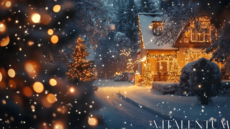 Snow-dusted cottage glowing with golden winter light.