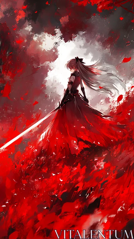 Sword-wielding girl stands in red battlefield under bright sky