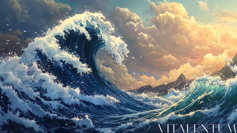 Storm surge wave curves toward glowing coastal horizon.