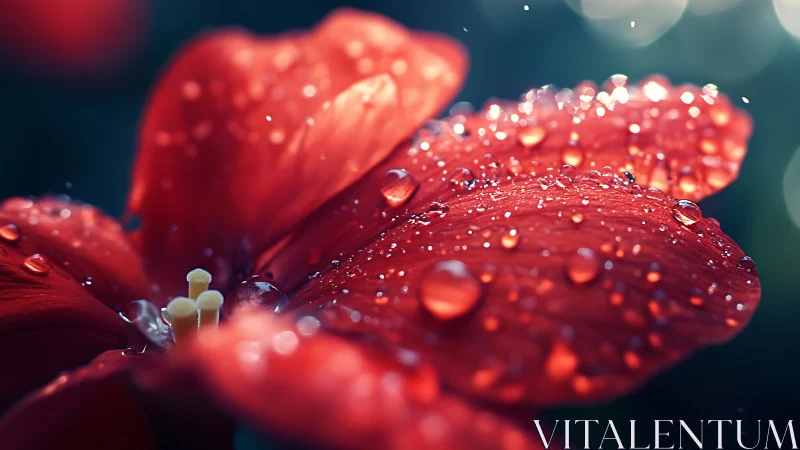 Red petals glistening with dewdrops under soft bokeh lighting.