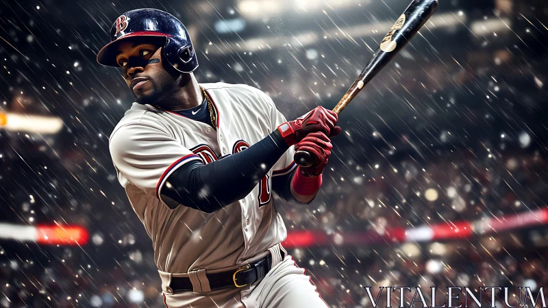 Baseball batter swings under stadium lights in rain.