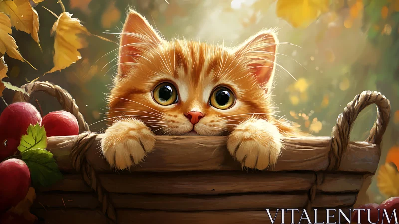 Ginger Kitten in Autumn Basket with Apples.