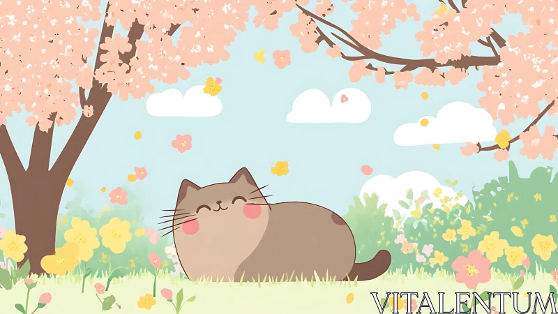 Portly Feline Character Resting in Colorful Spring Landscape with Sakura Blossoms