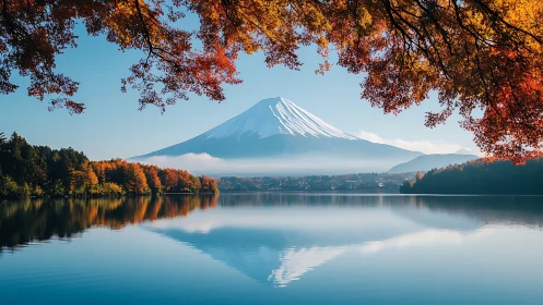 Calm mountain morning framed by glowing autumn leaves.
