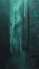 Decayed teal metal door in eerie industrial corridor.