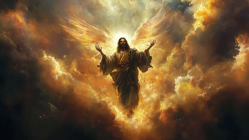 Radiant celestial figure rising through luminous clouds.