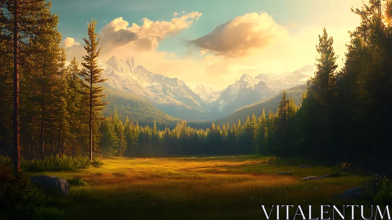 Sunlit alpine meadow opens toward distant snow peaks