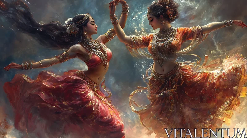 Twin classical dancers swirling in jeweled firelit motion.
