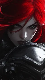 Crimson‑haired armored combatant in high‑contrast digital chiaroscuro.