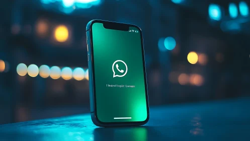 Smartphone with WhatsApp screen on reflective surface at night.