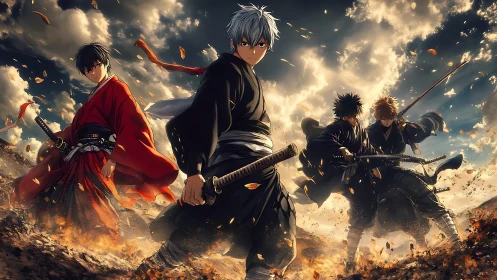 Dynamic anime swordsmen in cinematic storm-lit battlefield composition.