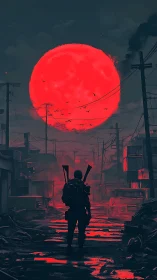 Lone wanderer stalks a ruined street beneath a blazing red moon.
