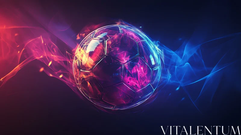 Glowing neon soccer ball with vivid fire and smoke effects.
