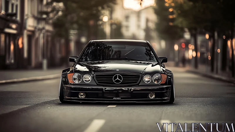 Lowered black Mercedes coupe idles on a quiet city street