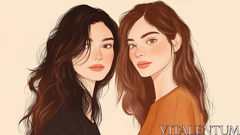 Two Young Women in Soft Pastel Digital Portrait, Minimalist Style.