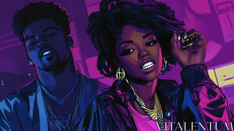 Neon-lit urban duo rendered in high-saturation digital cel-shade.