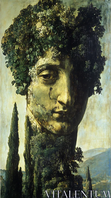 Colossal stone visage fused with towering cypress trees.