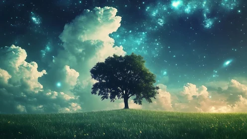 Solitary tree stands on grassy hill beneath luminous night sky