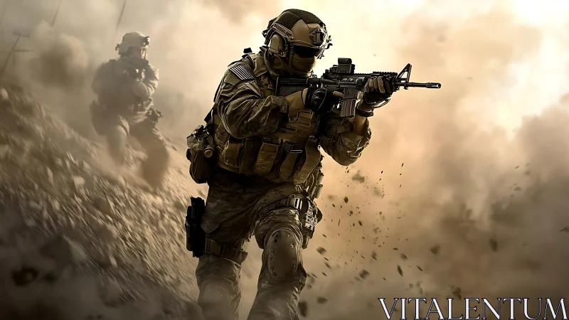 Heavily armed soldiers advance through dense battlefield dust