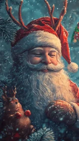 Santa Claus with reindeer antlers stands in falling snow