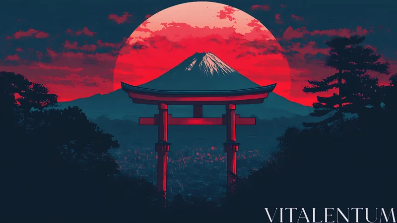 Torii silhouette frames crimson sun over Mount Fuji skyline.