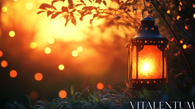 Cozy garden lantern glowing softly in a golden evening.