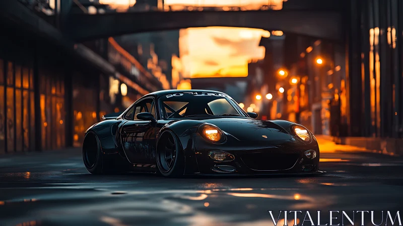 Midnight street-racer prowls beneath molten city sunset glow