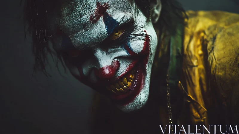 Menacing clown close-up with smeared makeup and grin.