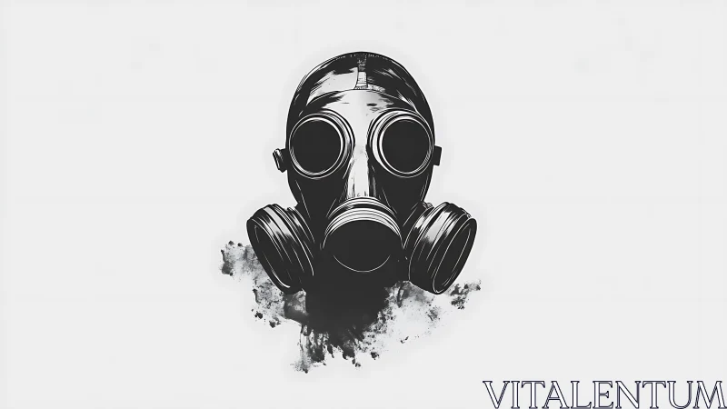 Bold gas mask artwork wrapped in inky monochrome drama.