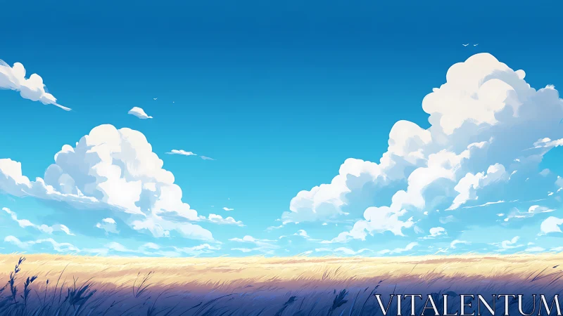 Soft summer clouds drift over a sunlit golden wheat field