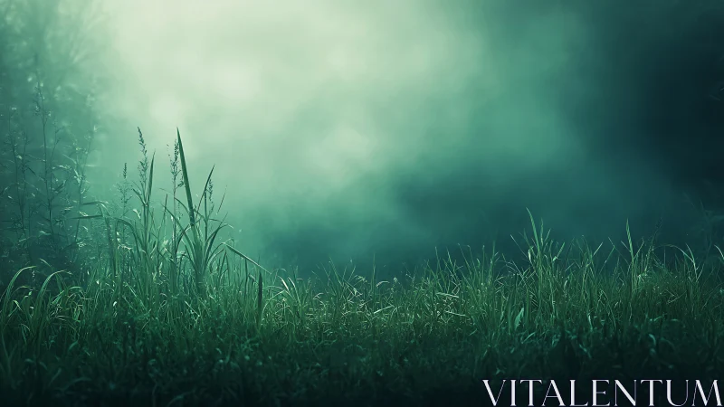 Moonlit mist rises behind dewy grass in tranquil meadow