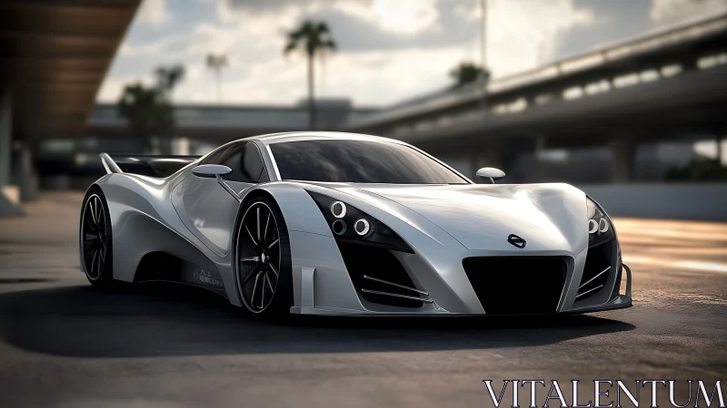 Silver futuristic sports car parked under urban overpass.
