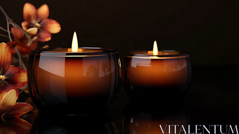 Scented glass candles cast warm light beside orchids