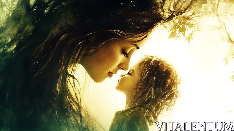 Backlit portrait of adult and child in profile against bright natural light source.