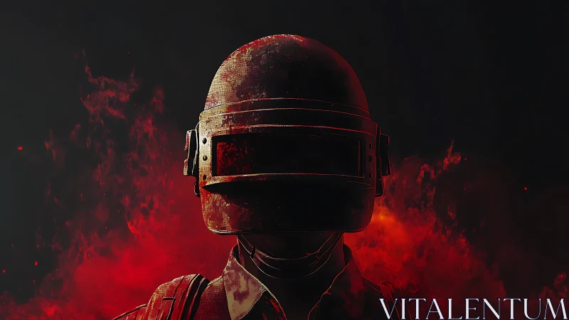 Armored tactical helmet silhouette in red combustion haze