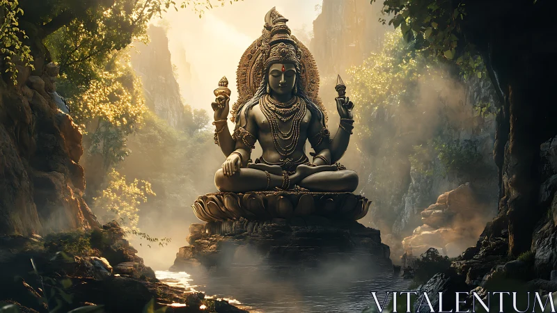Serene river-side deity statue glowing in soft forest light.