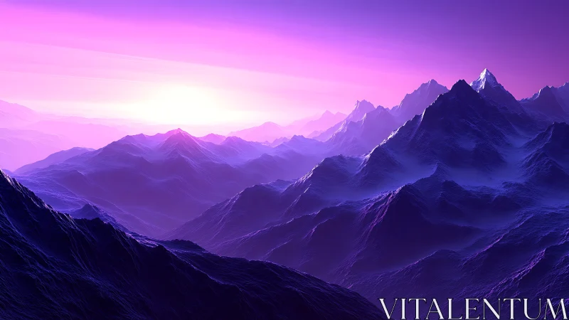 Neon dawn drifting over violet dream-forged mountainscape.