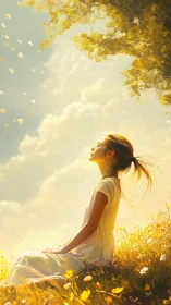 Sunlit girl in wildflower meadow under drifting petals.