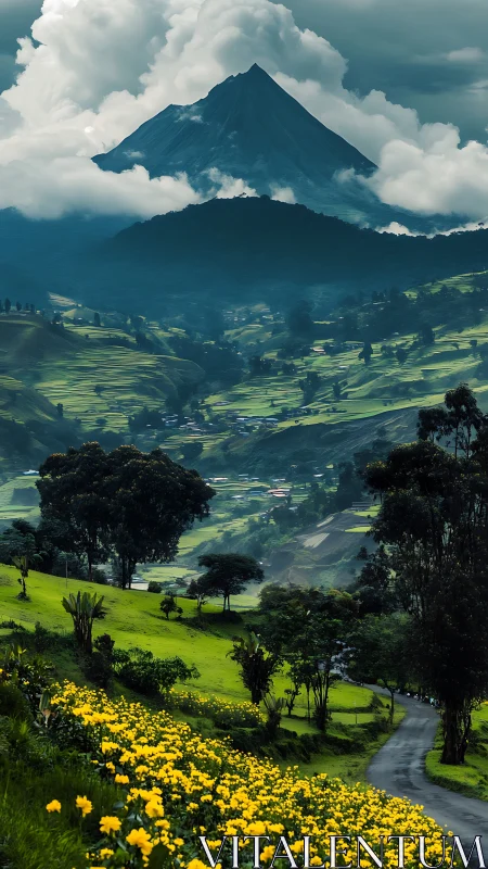 Emerald terraces beneath the brooding cloud-crowned peak.