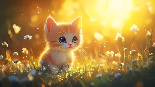 Golden light bathes a dreamy kitten in glowing meadow.