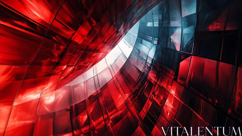 Abstract red and blue glass tunnel digital art with dynamic curves.