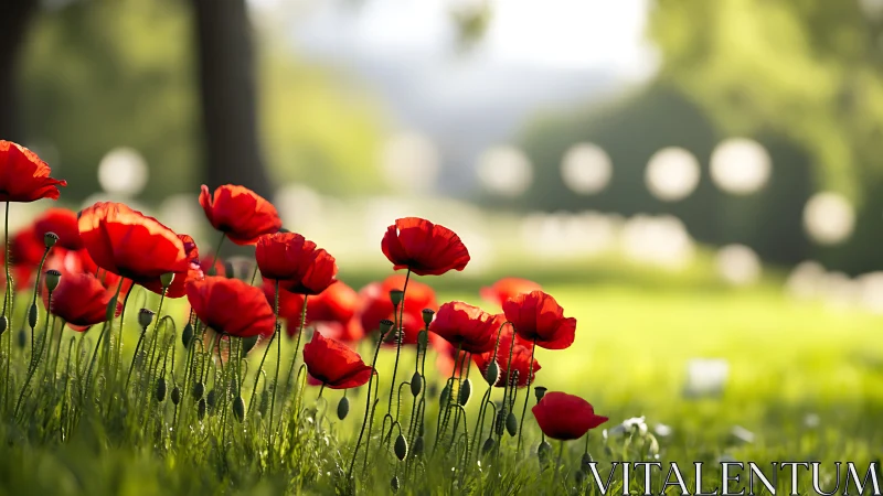 Scarlet poppies glow in shallow-focus sunlit meadow.