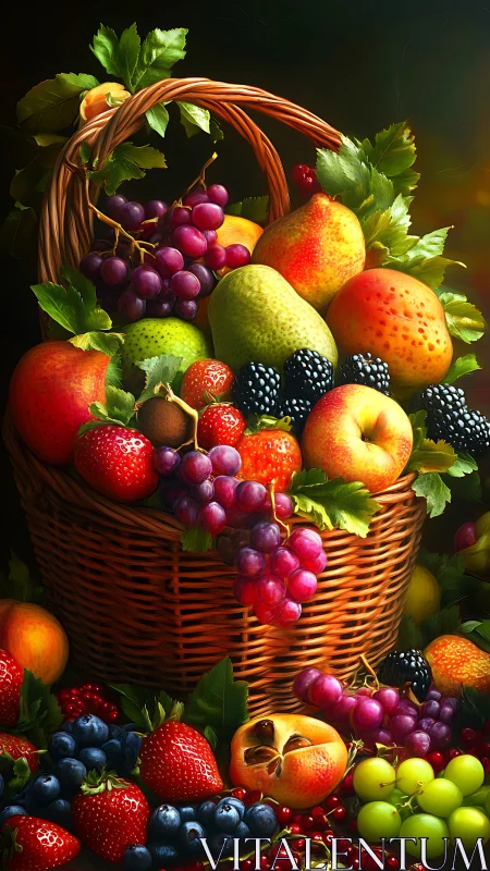 Wicker basket holds assorted ripe fruits with vivid lighting