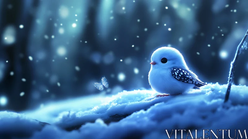 Blue Bird on Snowy Branch with Butterfly in Winter Setting
