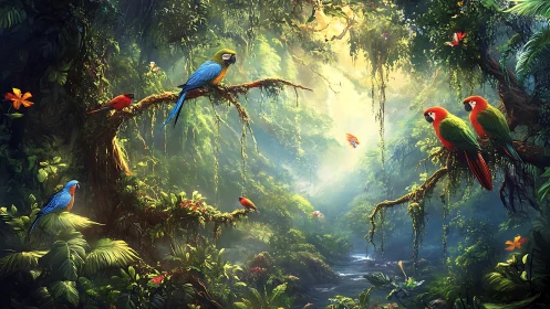 Colorful parrots on branches in dense rainforest clearing.