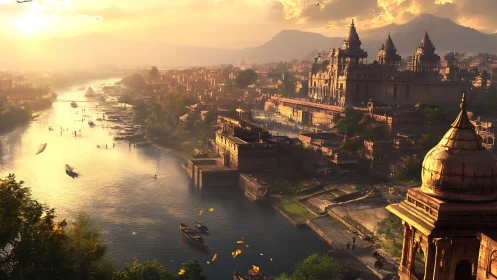 Riverside historic city with temples in warm sunset light.