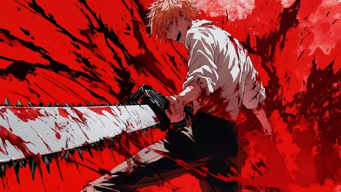 Chainsaw-wielding anime fighter slashes through red blood spray