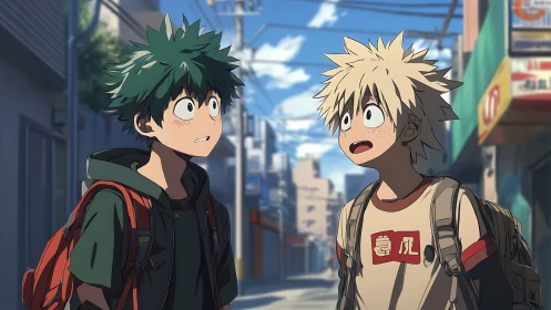 Anime street dialogue with expressive teen protagonists, daylight setup.