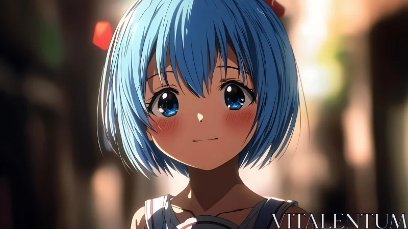 Blue dusk daydreams in a soft-lit anime city street portrait.