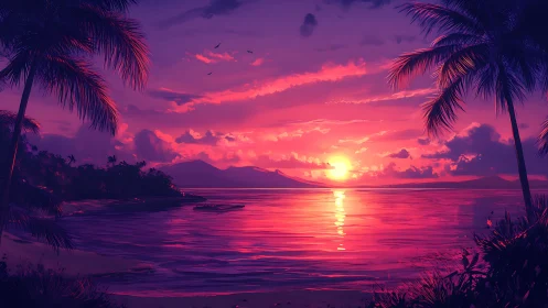 Neon tropic sunset over calm ocean with silhouetted palms.